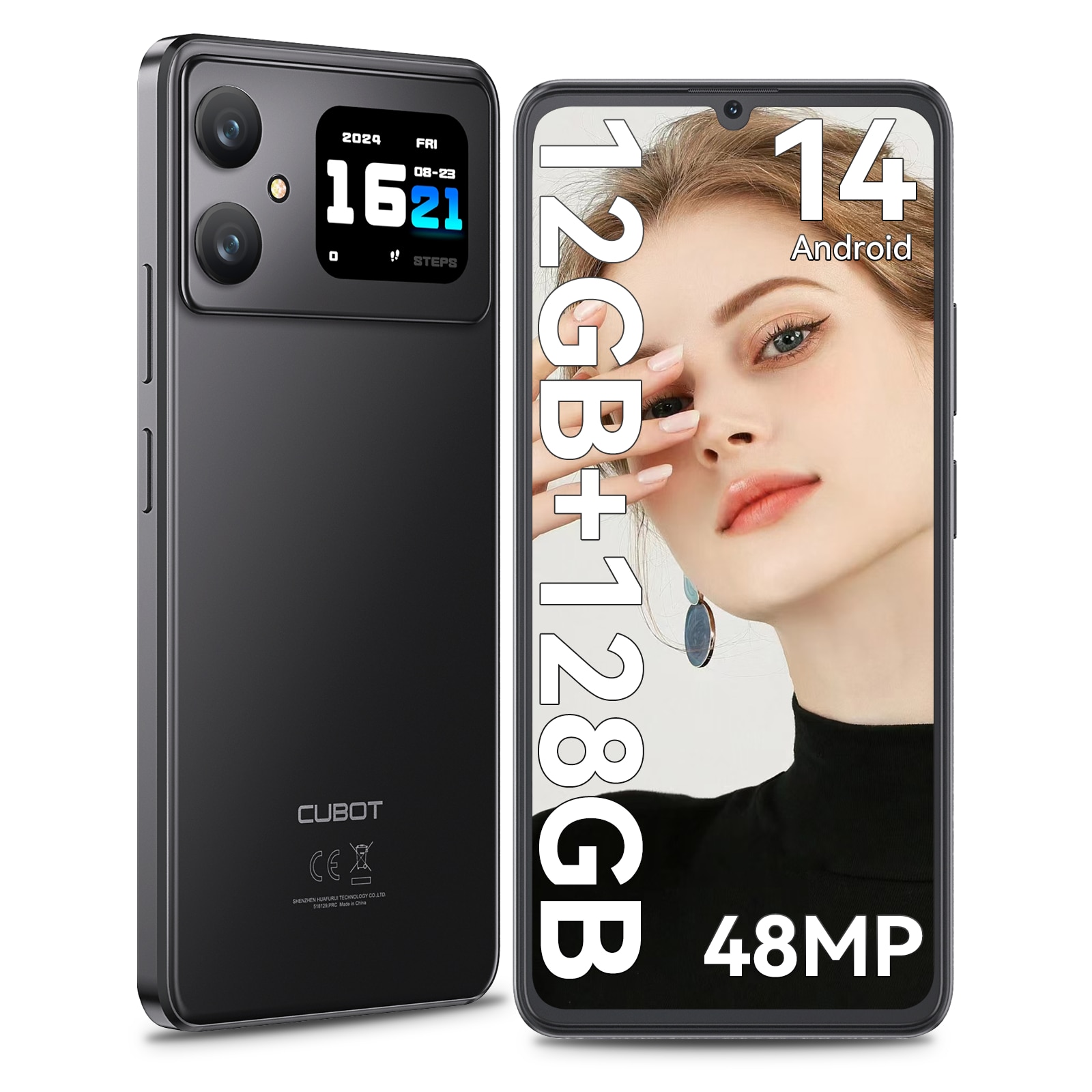Telefon mobil CUBOT A20, Dual SIM, Android 14, 12GB+128GB/1TB, 5100mAh, ecran HD de 6.8" + Octa-Core 90Hz, Camera cu 48MP+16MP, Smartphone 4G, Face ID/GPS, Negru