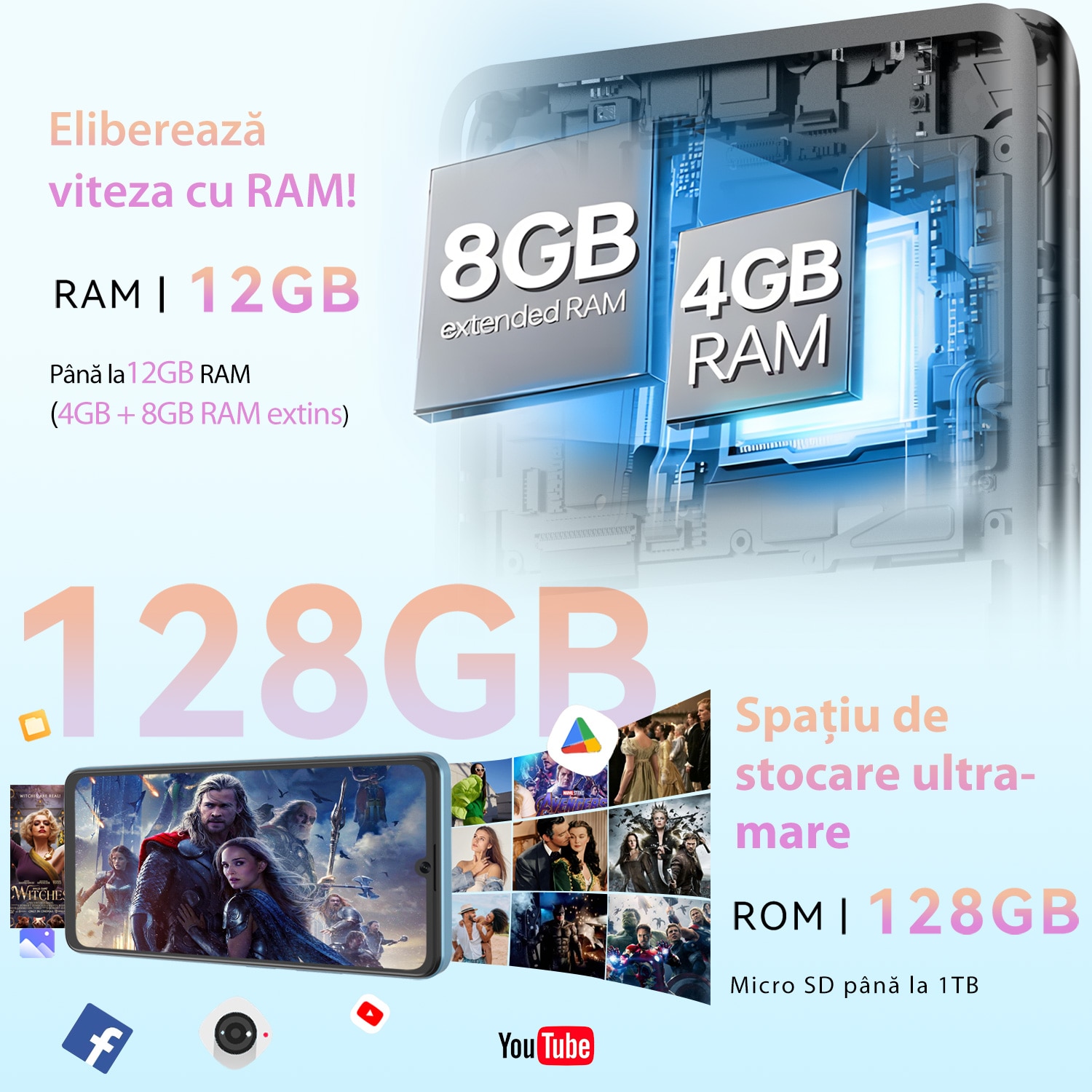 Telefon mobil CUBOT A20, Dual SIM, Android 14, 12GB+128GB/1TB, 5100mAh, ecran HD de 6.8" + Octa-Core 90Hz, Camera cu 48MP+16MP, Smartphone 4G, Face ID/GPS, Negru
