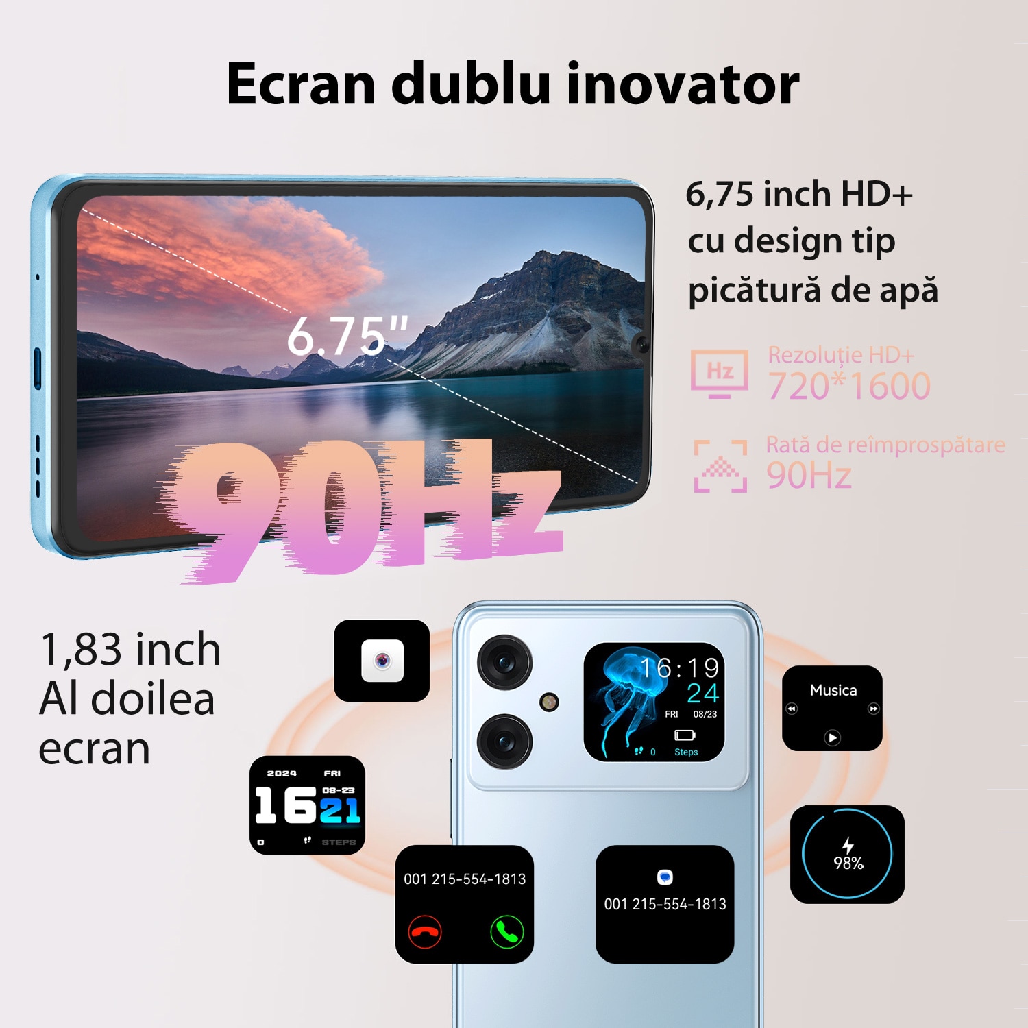 Telefon mobil CUBOT A20, Dual SIM, Android 14, 12GB+128GB/1TB, 5100mAh, ecran HD de 6.8" + Octa-Core 90Hz, Camera cu 48MP+16MP, Smartphone 4G, Face ID/GPS, Negru