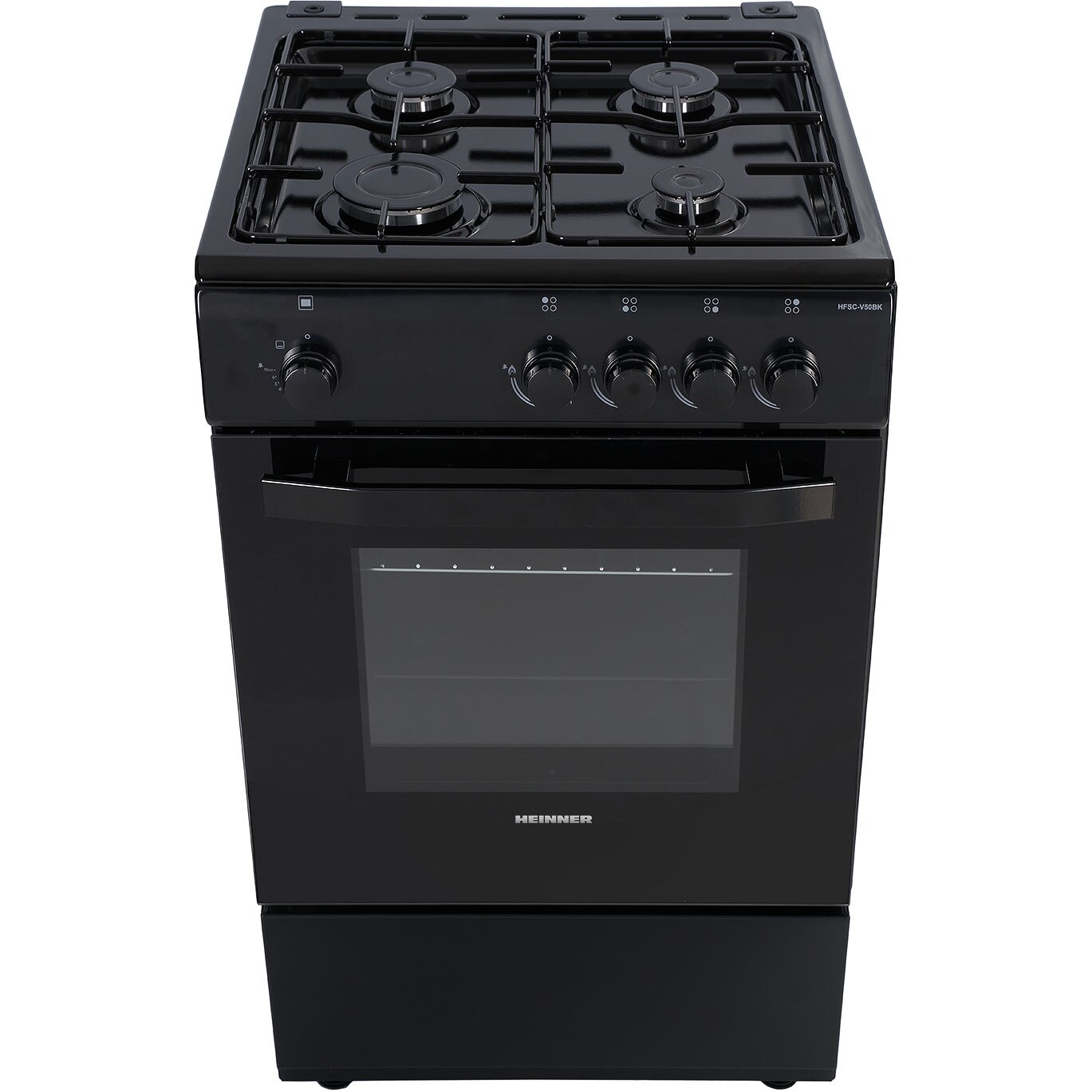 Aragaz Heinner HFSC-V50BK, 4 arzatoare, Gaz, Dispozitiv de siguranta plita/cuptor, 50 cm, Negru