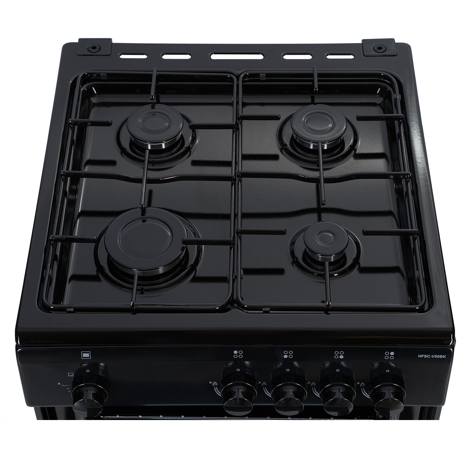 Aragaz Heinner HFSC-V50BK, 4 arzatoare, Gaz, Dispozitiv de siguranta plita/cuptor, 50 cm, Negru