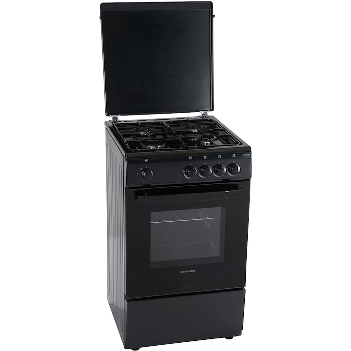 Aragaz Heinner HFSC-V50BK, 4 arzatoare, Gaz, Dispozitiv de siguranta plita/cuptor, 50 cm, Negru