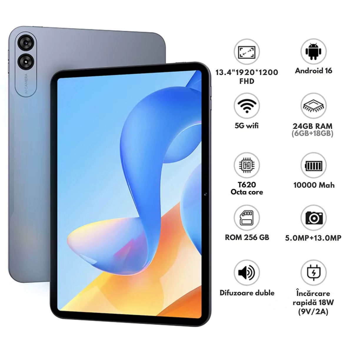 Tableta 2-in-1, de 13.4 inch, Android 16, 24GB RAM (6GB+18GB Extins) + 256GB ROM, 5G WiFi, 10000mAh, Octa-Core T620, Ecran IPS FHD 1920x1200 IPS, 18W Fast Charge, Dual Camera 13MP+5MP, Suport Extindere Stocare 1TB, Tastatura + Mouse + Casti + Husa Incluse