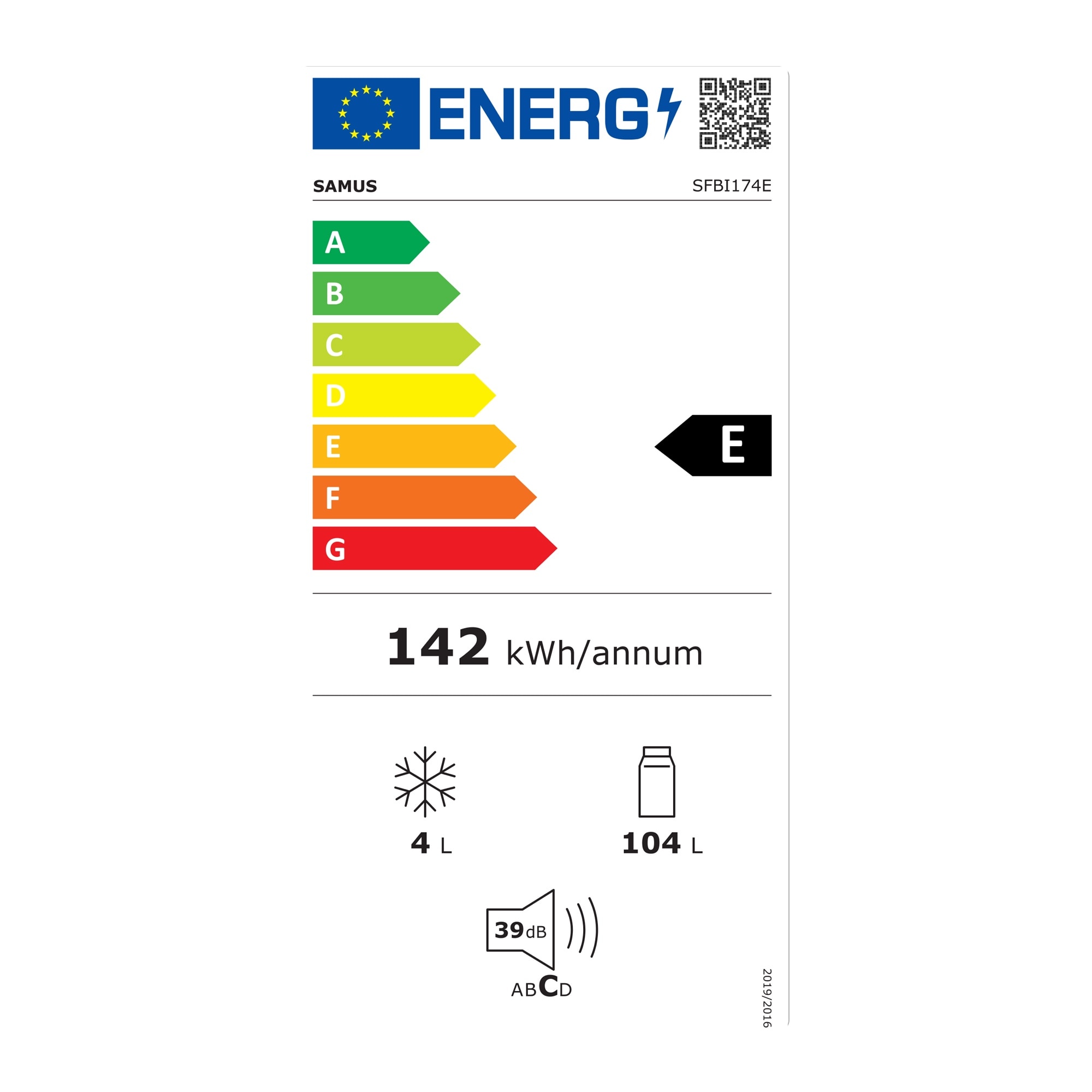 Frigider incorporabil cu o usa Samus SFBI174E, 118 L, Termostat Reglabil, Clasa energetica E, 2 rafturi, H 88 cm, Alb
