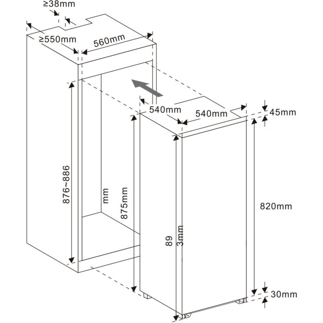 Frigider incorporabil cu o usa Samus SFBI174E, 118 L, Termostat Reglabil, Clasa energetica E, 2 rafturi, H 88 cm, Alb