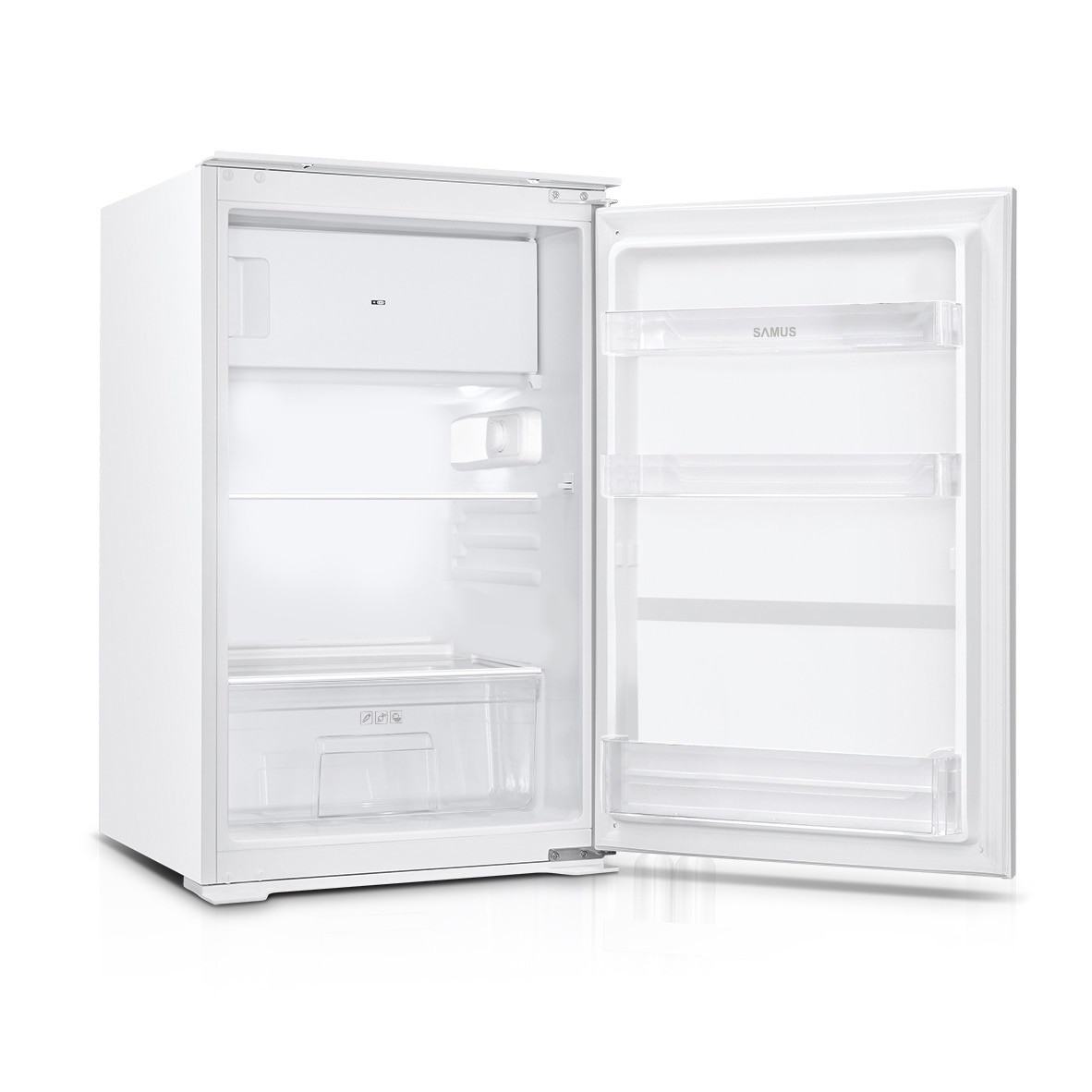 Frigider incorporabil cu o usa Samus SFBI174E, 118 L, Termostat Reglabil, Clasa energetica E, 2 rafturi, H 88 cm, Alb