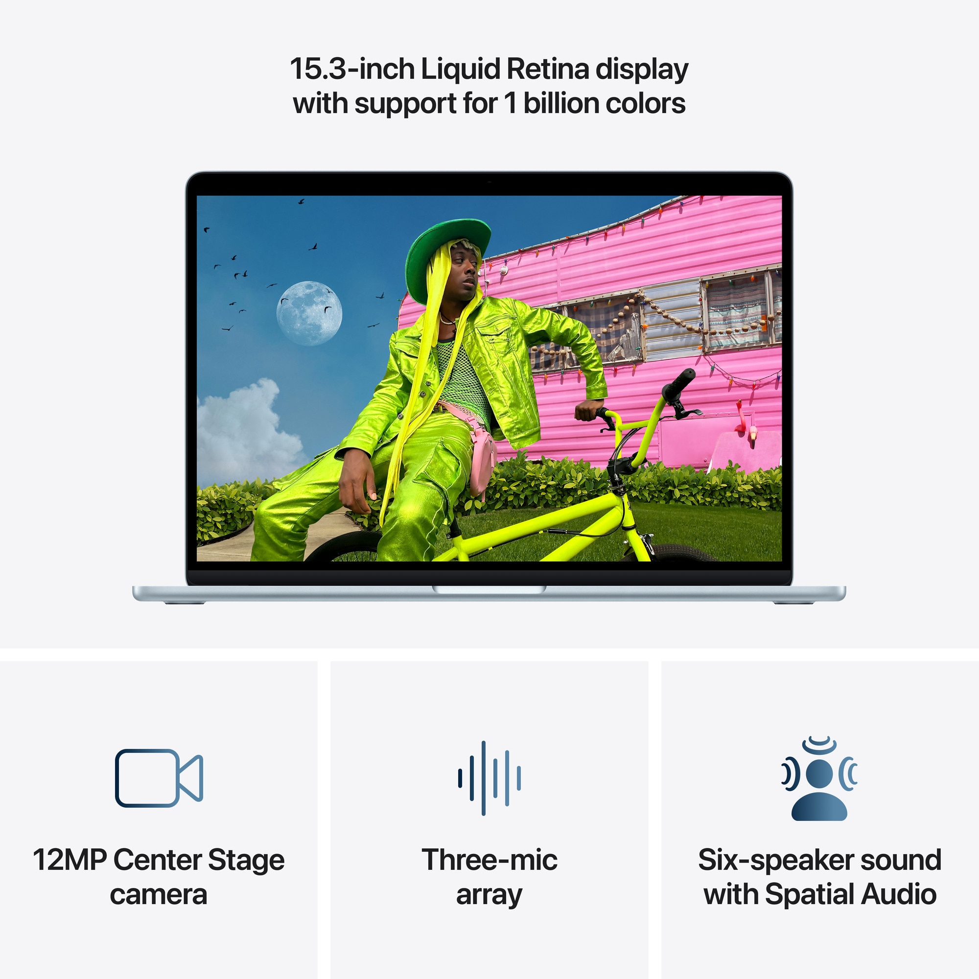 Apple MacBook Air 15'' cu procesor Apple M5, 10 nuclee CPU, 10 nuclee GPU, 24GB RAM, 1TB SSD, Sky Blue, Tastatura Internationala, Manual RO