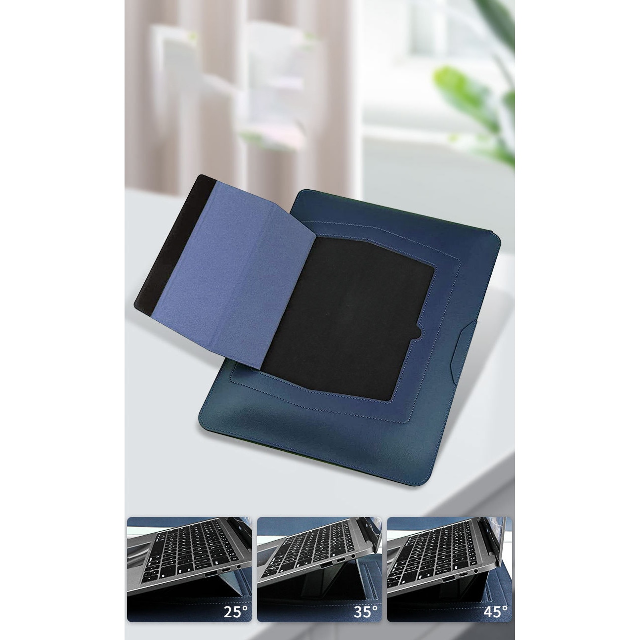Husa Laptop cu suport pliabil, 15-16 inch cu MacBook Air, MacBook Pro, Piele Ecologica, Marime Universala, 37x28cm, Negru