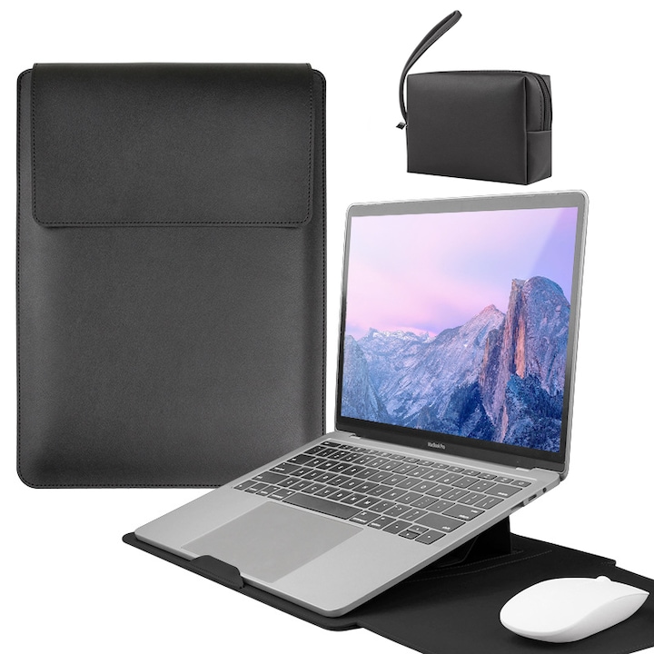 Husa Laptop cu suport pliabil, 15-16 inch cu MacBook Air, MacBook Pro, Piele Ecologica, Marime Universala, 37x28cm, Negru