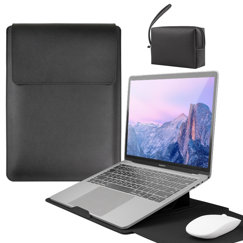 Husa Laptop cu suport pliabil, 15-16 inch cu MacBook Air, MacBook Pro, Piele Ecologica, Marime Universala, 37x28cm, Negru