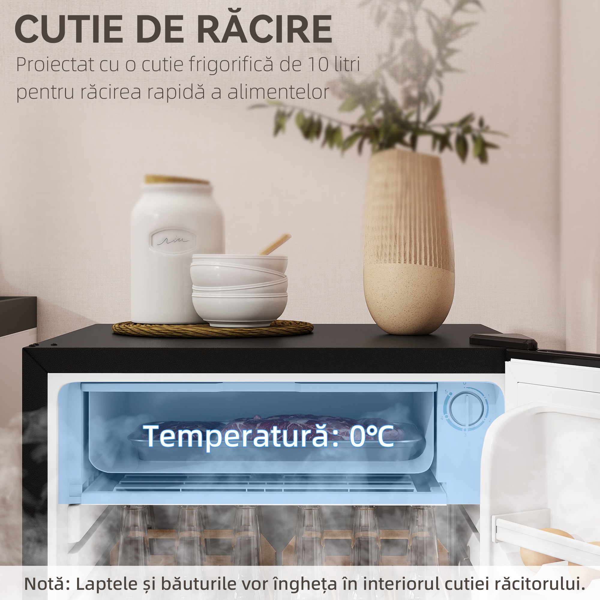 Frigider mic HOMCOM MonoPorta cu congelator, 91L, temperatura reglabila, negru, 47.5x44.2x84cm