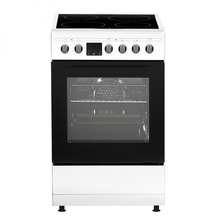 Aragaz electric Samus SM564VTE WHITE, Plita vitroceramica, 4 zone de gatit, 10 functii cuptor, Grill, Convectie 3D, 56 L, Timer, 49.8x61 cm