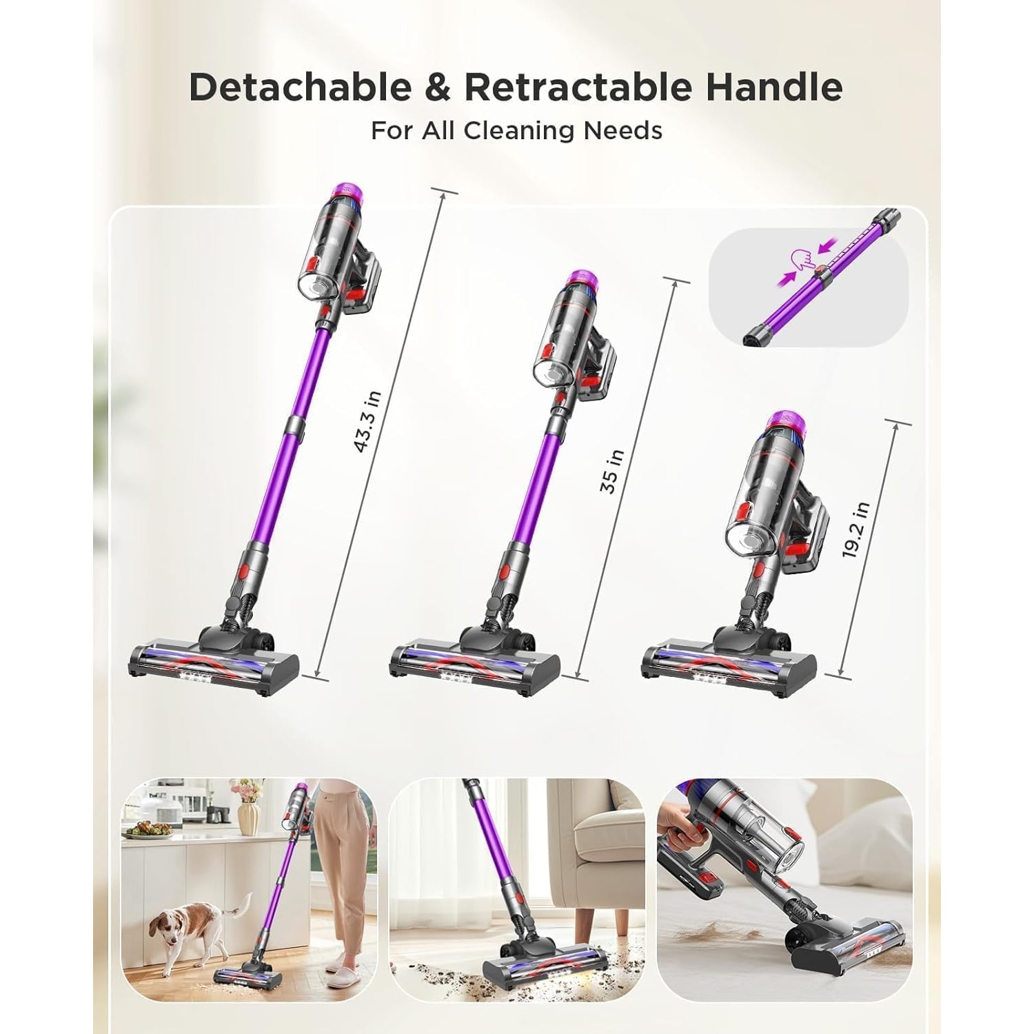 Aspirator vertical fara fir 2 In 1, Folixs®, Brushless, 600W, 50 kPa, 60 Minute Autonomie, filtrare HEPA 99.9%, ecran LED, 3 moduri, perie cu iluminare LED, Recipient praf 1.8L, Aspirator Vertical Sau de Mana, Violet