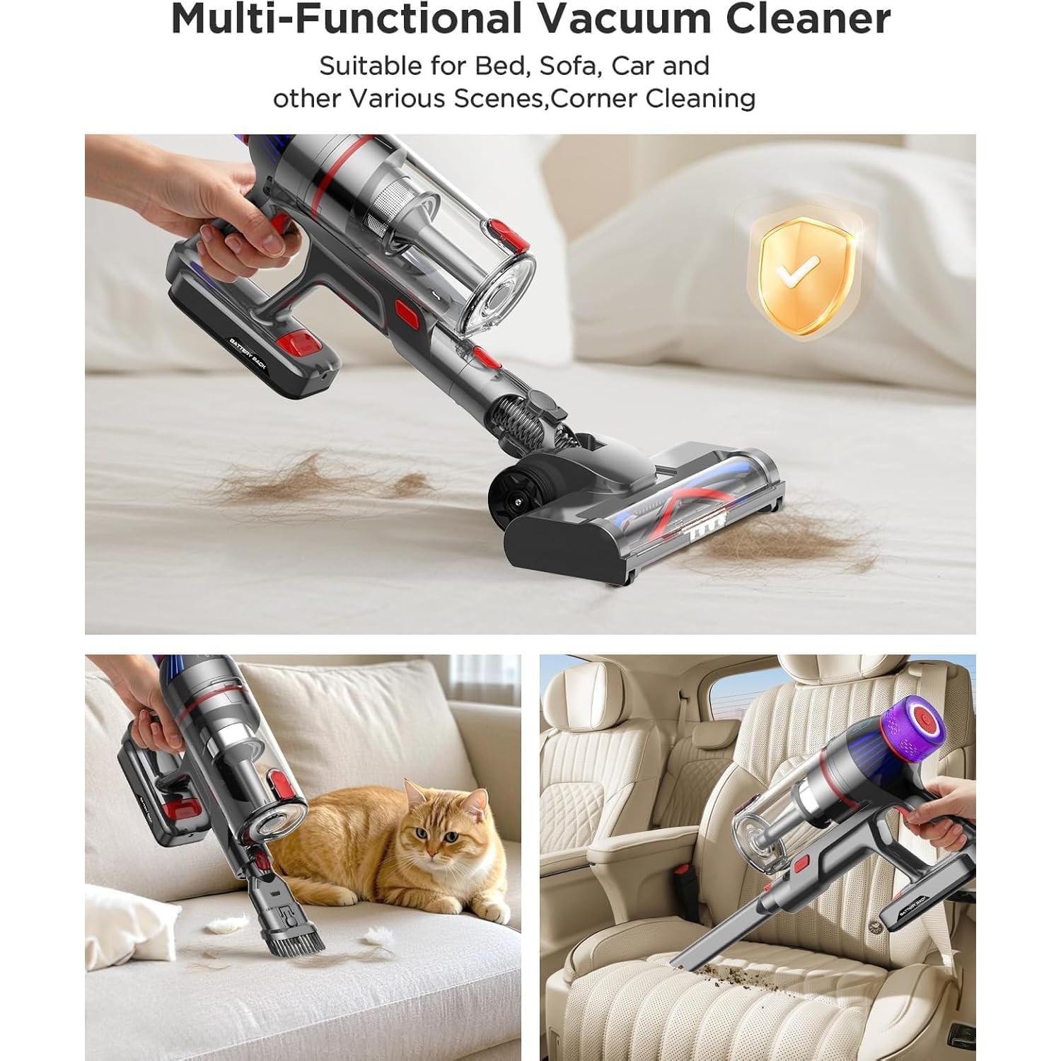 Aspirator vertical fara fir 2 In 1, Folixs®, Brushless, 600W, 50 kPa, 60 Minute Autonomie, filtrare HEPA 99.9%, ecran LED, 3 moduri, perie cu iluminare LED, Recipient praf 1.8L, Aspirator Vertical Sau de Mana, Violet