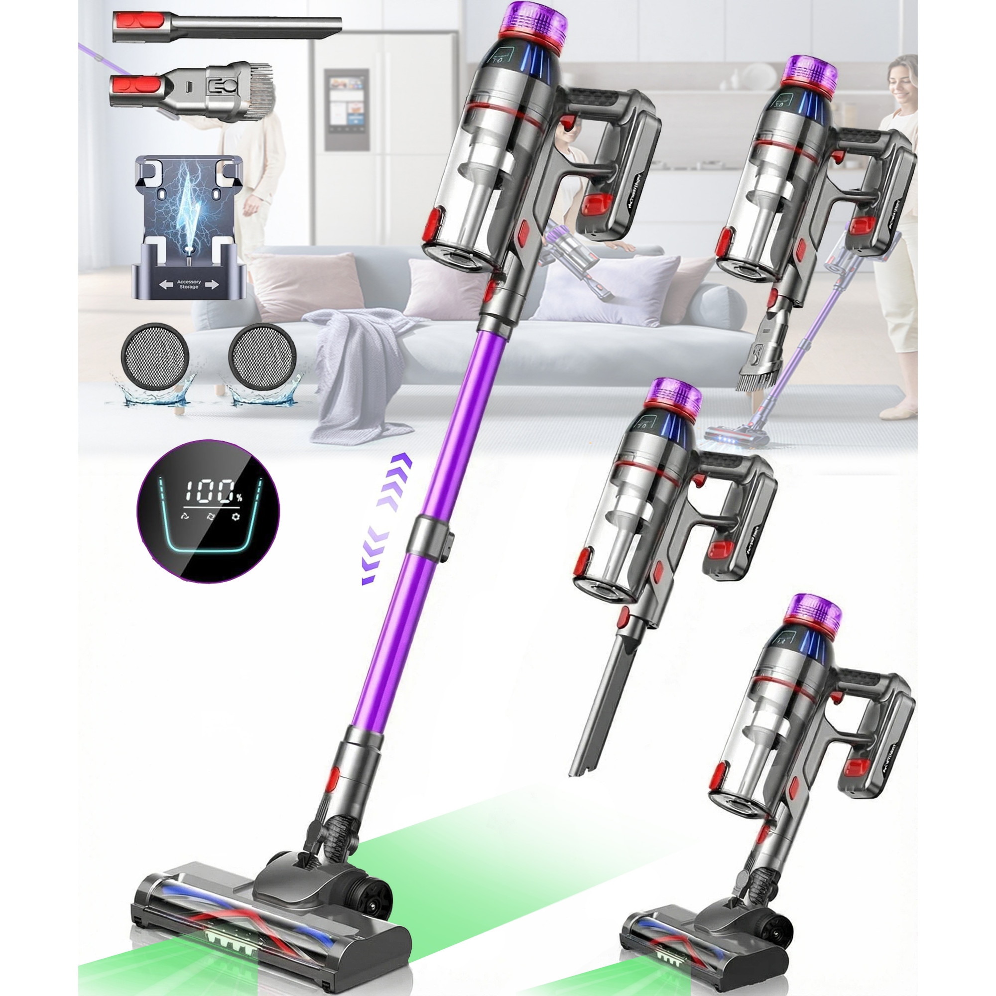 Aspirator vertical fara fir 2 In 1, Folixs®, Brushless, 600W, 50 kPa, 60 Minute Autonomie, filtrare HEPA 99.9%, ecran LED, 3 moduri, perie cu iluminare LED, Recipient praf 1.8L, Aspirator Vertical Sau de Mana, Violet