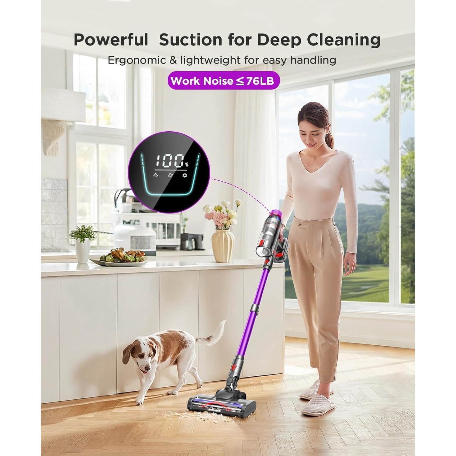 Aspirator vertical fara fir 2 In 1, Folixs®, Brushless, 600W, 50 kPa, 60 Minute Autonomie, filtrare HEPA 99.9%, ecran LED, 3 moduri, perie cu iluminare LED, Recipient praf 1.8L, Aspirator Vertical Sau de Mana, Violet