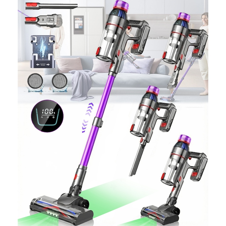 Aspirator vertical fara fir 2 In 1, Folixs®, Brushless, 600W, 50 kPa, 60 Minute Autonomie, filtrare HEPA 99.9%, ecran LED, 3 moduri, perie cu iluminare LED, Recipient praf 1.8L, Aspirator Vertical Sau de Mana, Violet
