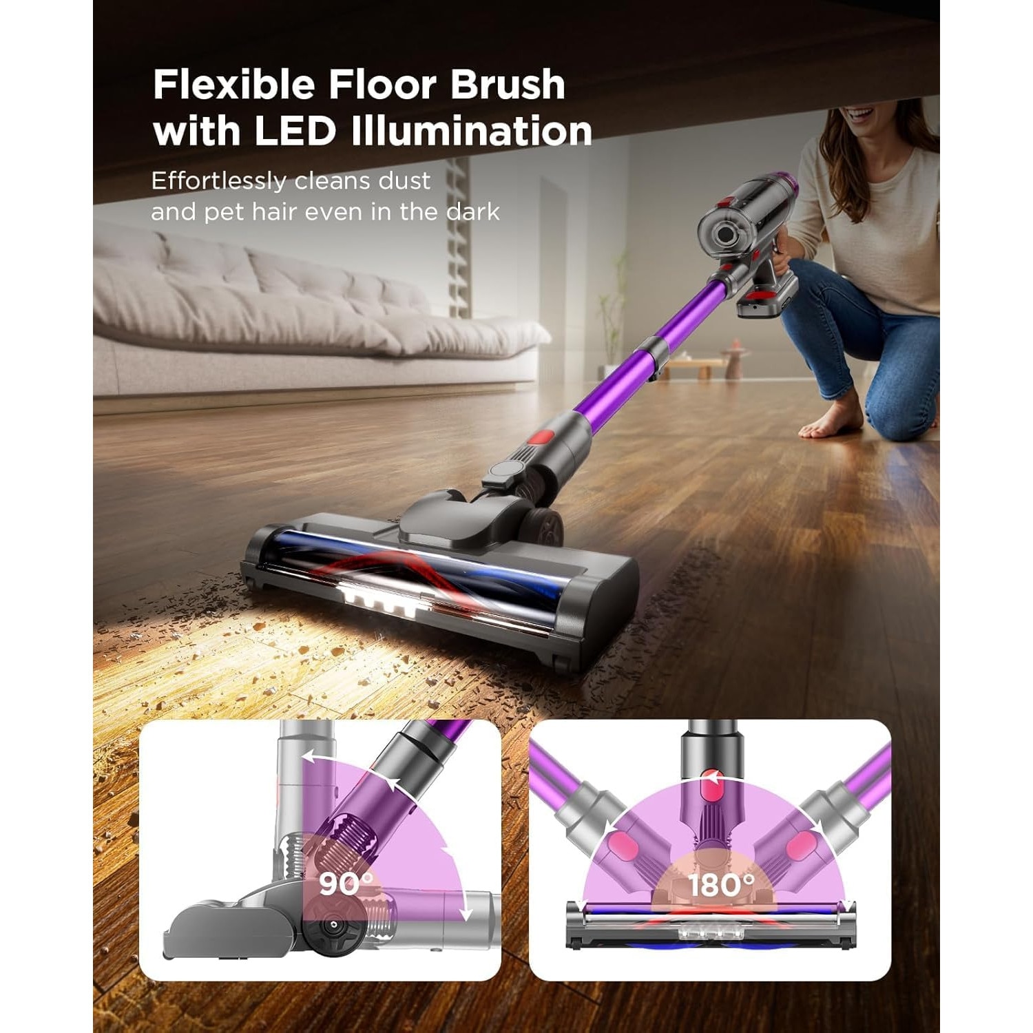 Aspirator vertical fara fir 2 In 1, Folixs®, Brushless, 600W, 50 kPa, 60 Minute Autonomie, filtrare HEPA 99.9%, ecran LED, 3 moduri, perie cu iluminare LED, Recipient praf 1.8L, Aspirator Vertical Sau de Mana, Violet