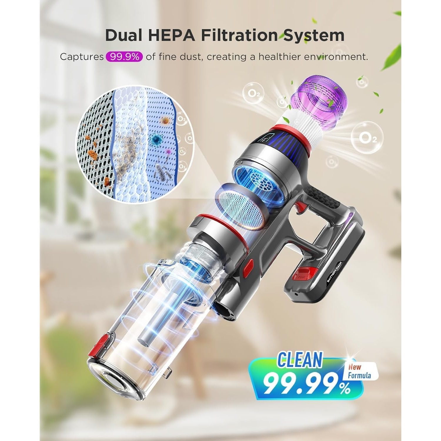 Aspirator vertical fara fir 2 In 1, Folixs®, Brushless, 600W, 50 kPa, 60 Minute Autonomie, filtrare HEPA 99.9%, ecran LED, 3 moduri, perie cu iluminare LED, Recipient praf 1.8L, Aspirator Vertical Sau de Mana, Violet
