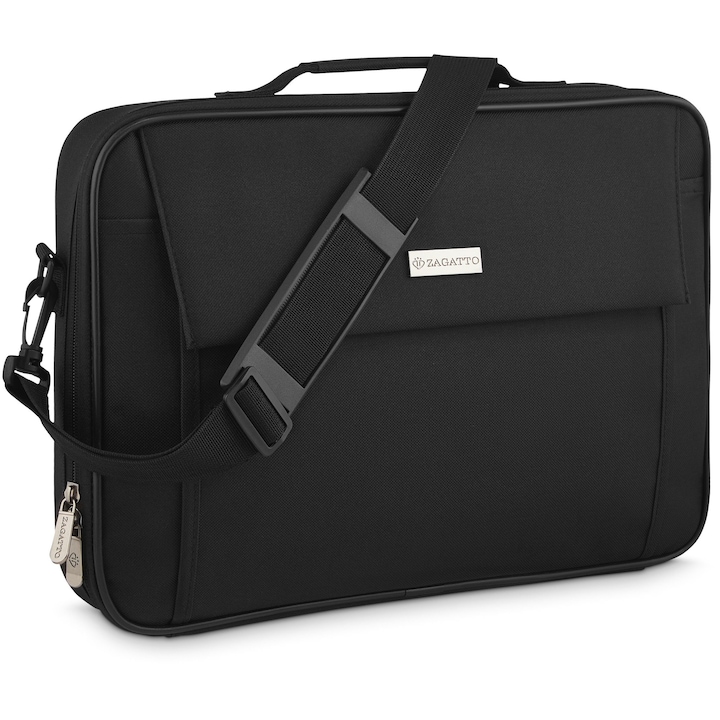 Geanta laptop dama, barbat, 15.6 inch, Zagatto, Neagra, Dimensiuni 30x40x6 cm, Atasabila la troler, Impermeabila, Pentru notebook, Eleganta, Business, ZG639