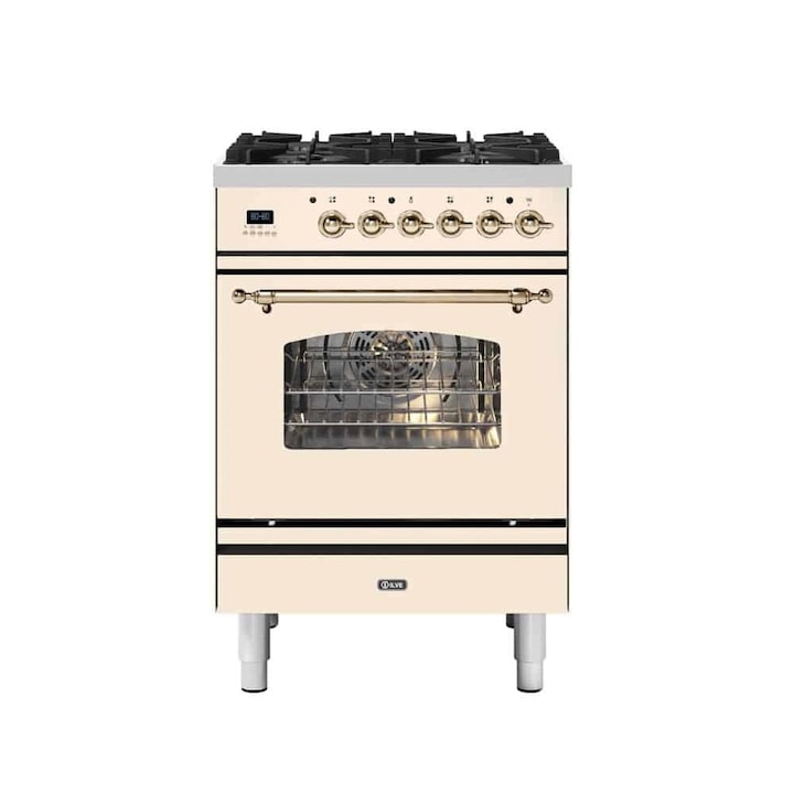 Aragaz pe gaz premium ILVE, Nostalgie, 60 cm, clasa A+, 4 arzatoare, cuptor electric 65 litri, design vintage, timer 60 min, usa cuptor cu 3 straturi de sticla, gatire ECO, dezghetare, 15 functii de gatire multiple, iluminare interioara automata, crem