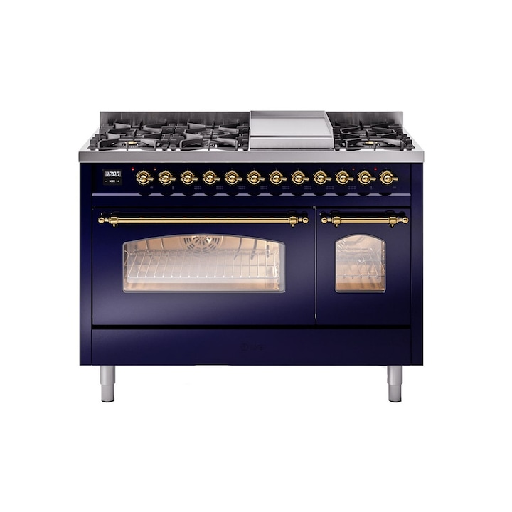 Aragaz pe gaz premium ILVE, Nostalgie, 120 cm, clasa A+, 6 arzatoare, plita Fry Top, 2 cuptoare electrice 140 litri, design vintage, timer, usa cuptor cu 3 straturi de sticla, gatire ECO, dezghetare, 15 functii de gatire multiple, bleumarin/auriu