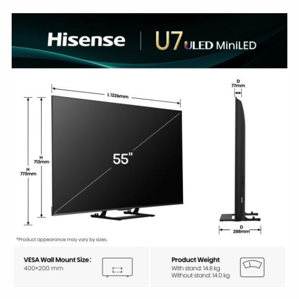 Televizor Smart Hisense 55U7Q, 55inch, 139cm, UltraHD 4K, Mini-LED, Hi-View AI Engine, QLED Color, 144Hz panel, Negru mat