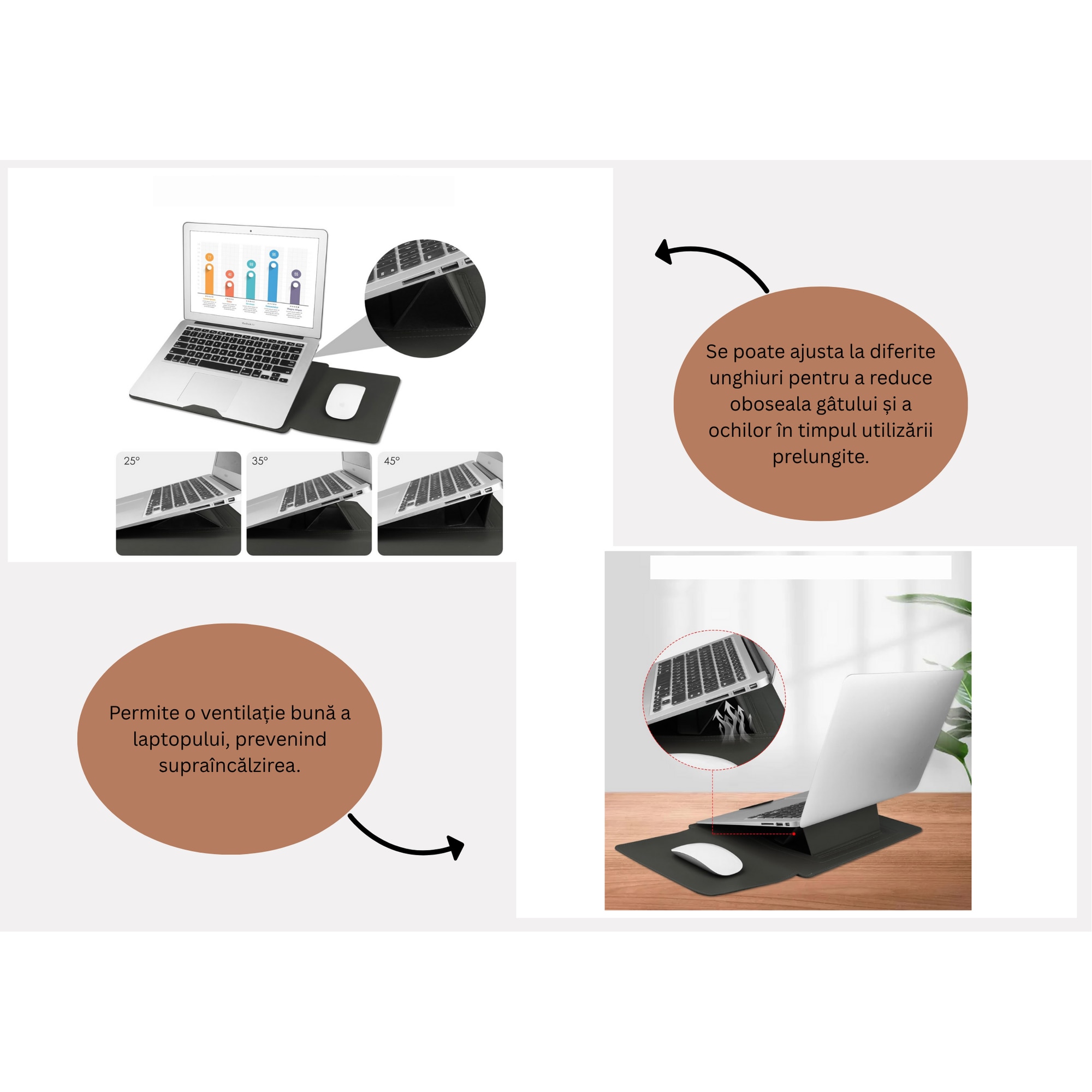 Husa laptop 15-16 inch cu suport pliabil si mousepad integrat, compatibila MacBook, protectie ultrafina, gri AleFla Eshop