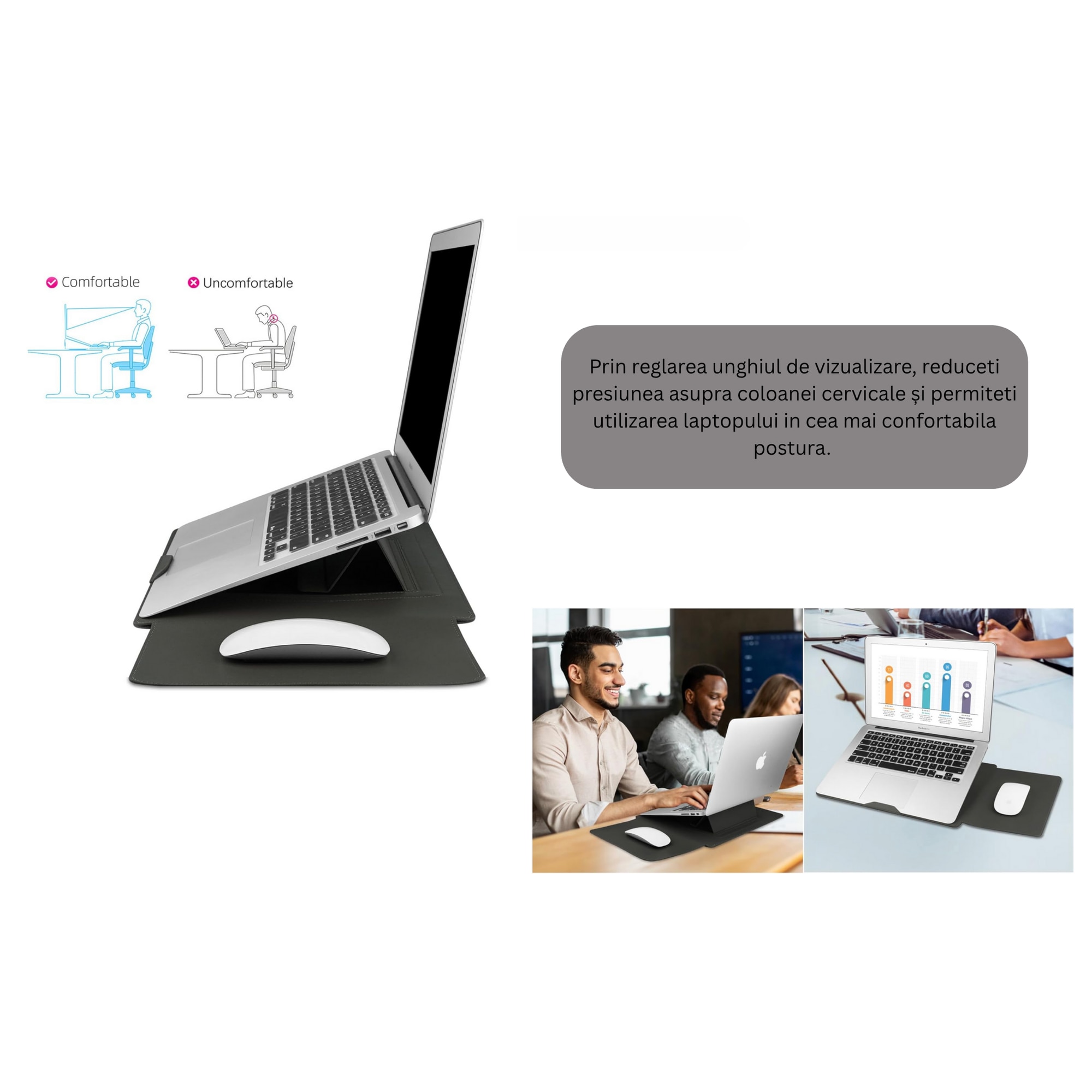 Husa laptop 15-16 inch cu suport pliabil si mousepad integrat, compatibila MacBook, protectie ultrafina, gri AleFla Eshop