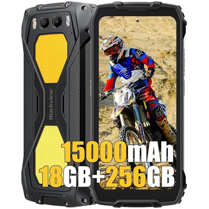 Telefon mobil Blackview BV7300, 18GB Ram(6GB + 12GB extensibili), 256GB, 8 nuclee, 6.67'', Android 14, 15000mAh, Rezistent la praf/anti-picatura/impermeabil, Deblocare amprenta/Fata ID/NFC, Negru