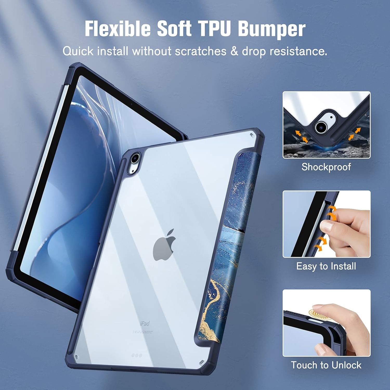 Husă tabletă pentru iPad Air 11" 2024/2025, Albastru închis, Hardshell cu bumper TPU, Suport integrat pentru creion