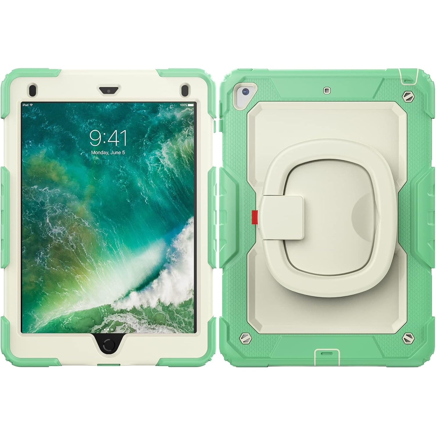 Husa Sigloo pentru iPad 9.7" (iPad 5/6, Air 2, Pro 9.7) – 3 Straturi Protectie, Suport rotativ, Ecran Protejat, Antisoc – Verde deschis cu Crem