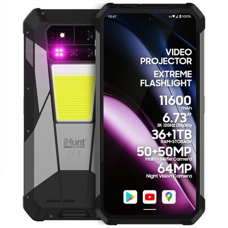 Telefon mobil iHunt Tank 4 Pro, 5G, Dual SIM, 6.73-inch 3K 120Hz AMOLED, Proiector Video Laser 720P 60Hz, Octa-Core, 36GB RAM, 1TB, Camera 50AF + 64 Night + 50MP Telephoto / 32MP Fata, Incarcare Turbo 120W, NFC, IP68/IP69, Android 14