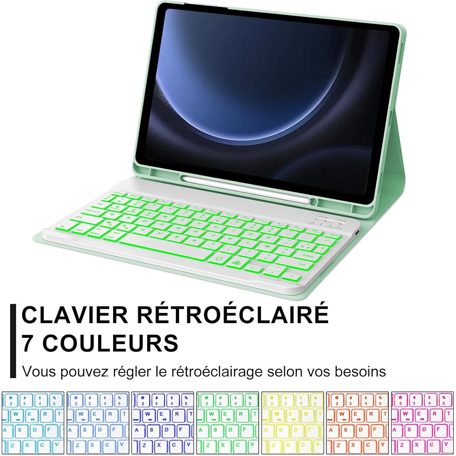 Husă cu tastatură iluminată pentru Samsung Tab S9 FE, verde deschis, 10.9 inch, set