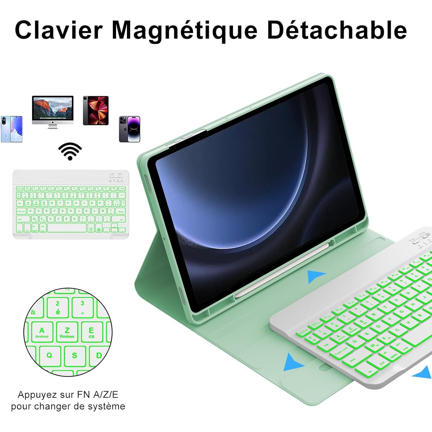 Husă cu tastatură iluminată pentru Samsung Tab S9 FE, verde deschis, 10.9 inch, set