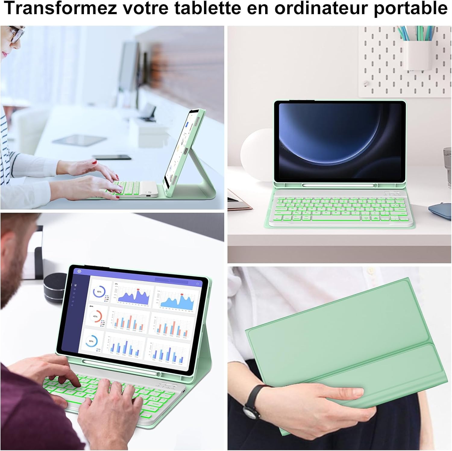 Husă cu tastatură iluminată pentru Samsung Tab S9 FE, verde deschis, 10.9 inch, set