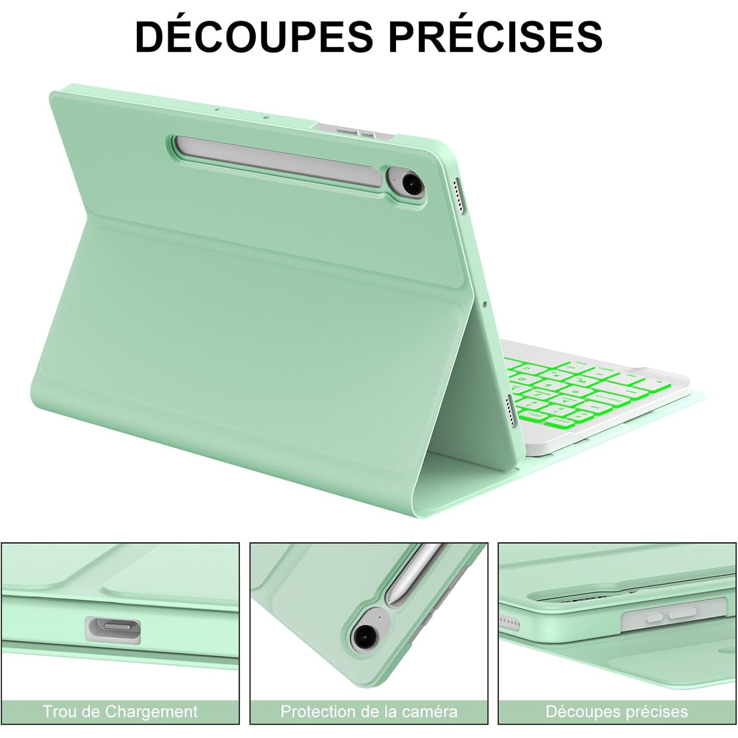 Husă cu tastatură iluminată pentru Samsung Tab S9 FE, verde deschis, 10.9 inch, set