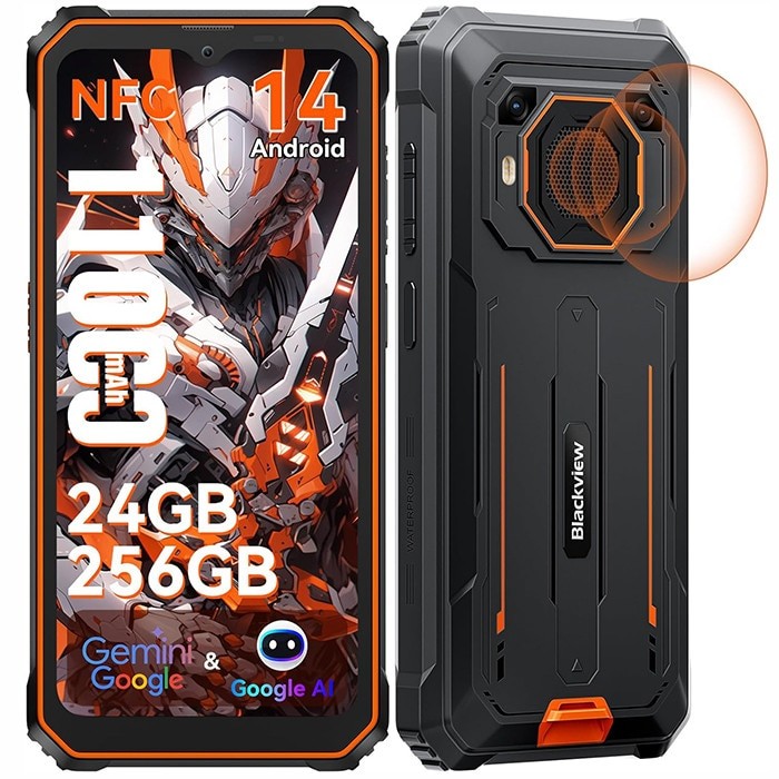 Telefon mobil Blackview BV6200 Plus, 4G, 6.56" FHD+, 24GB Ram(8GB + 16GB extensibili), 256GB, 16MP, Android 14, 11000mAh, 90hz, Rezistent la praf/anti-picatura/impermeabil, Fata ID/NFC, Portocaliu