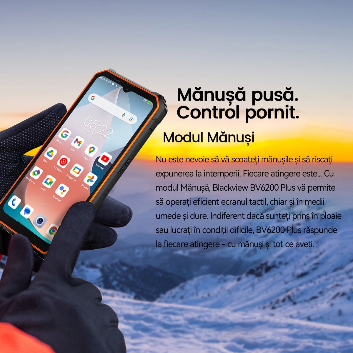 Telefon mobil Blackview BV6200 Plus, 4G, 6.56" FHD+, 24GB Ram(8GB + 16GB extensibili), 256GB, 16MP, Android 14, 11000mAh, 90hz, Rezistent la praf/anti-picatura/impermeabil, Fata ID/NFC, Portocaliu