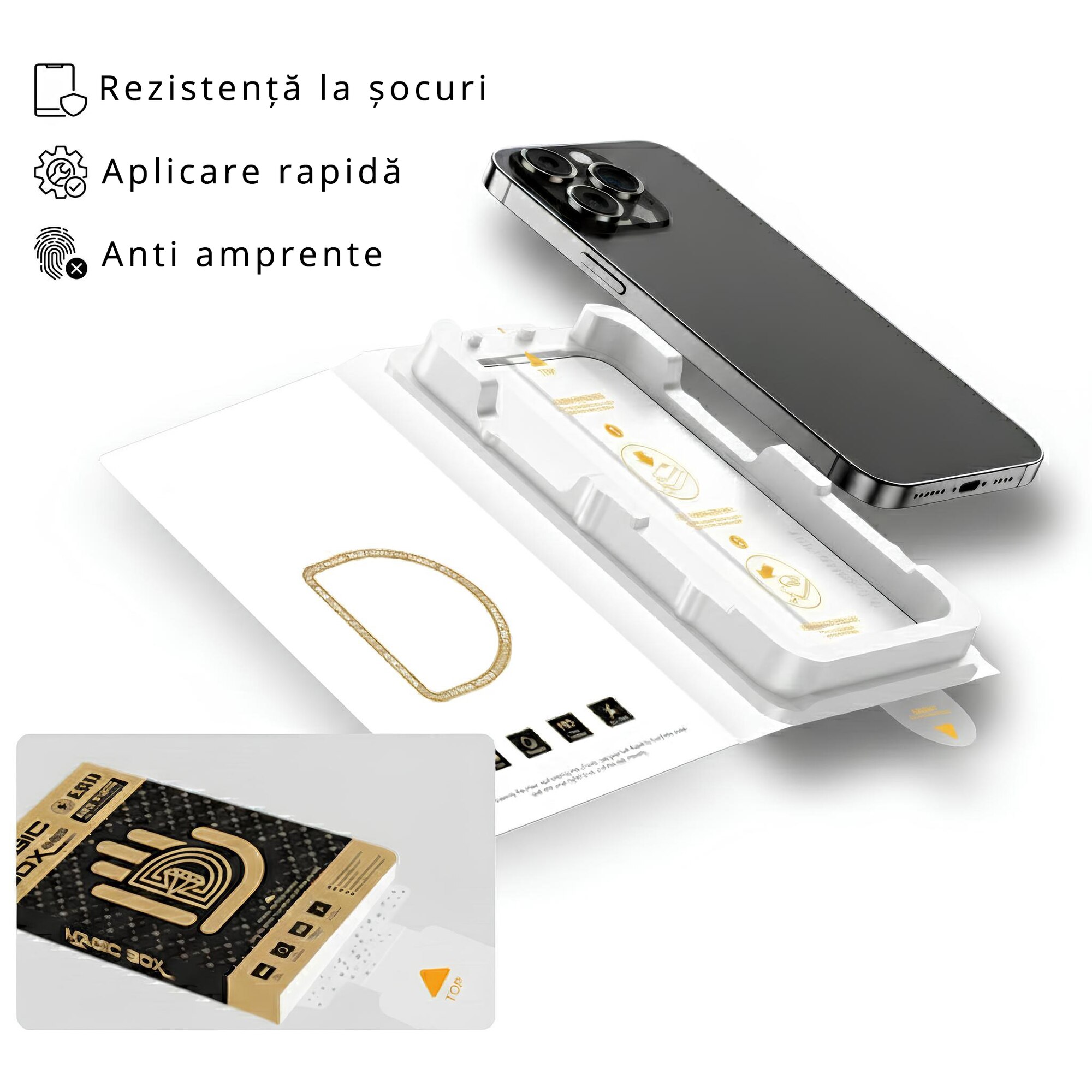Folie Sticla pentru iPhone 17 Pro Max, Siena® Magic Box, Aplicare rapida, Rezistenta 9H, Tratament oleofob, Margini negre, Kit instalare
