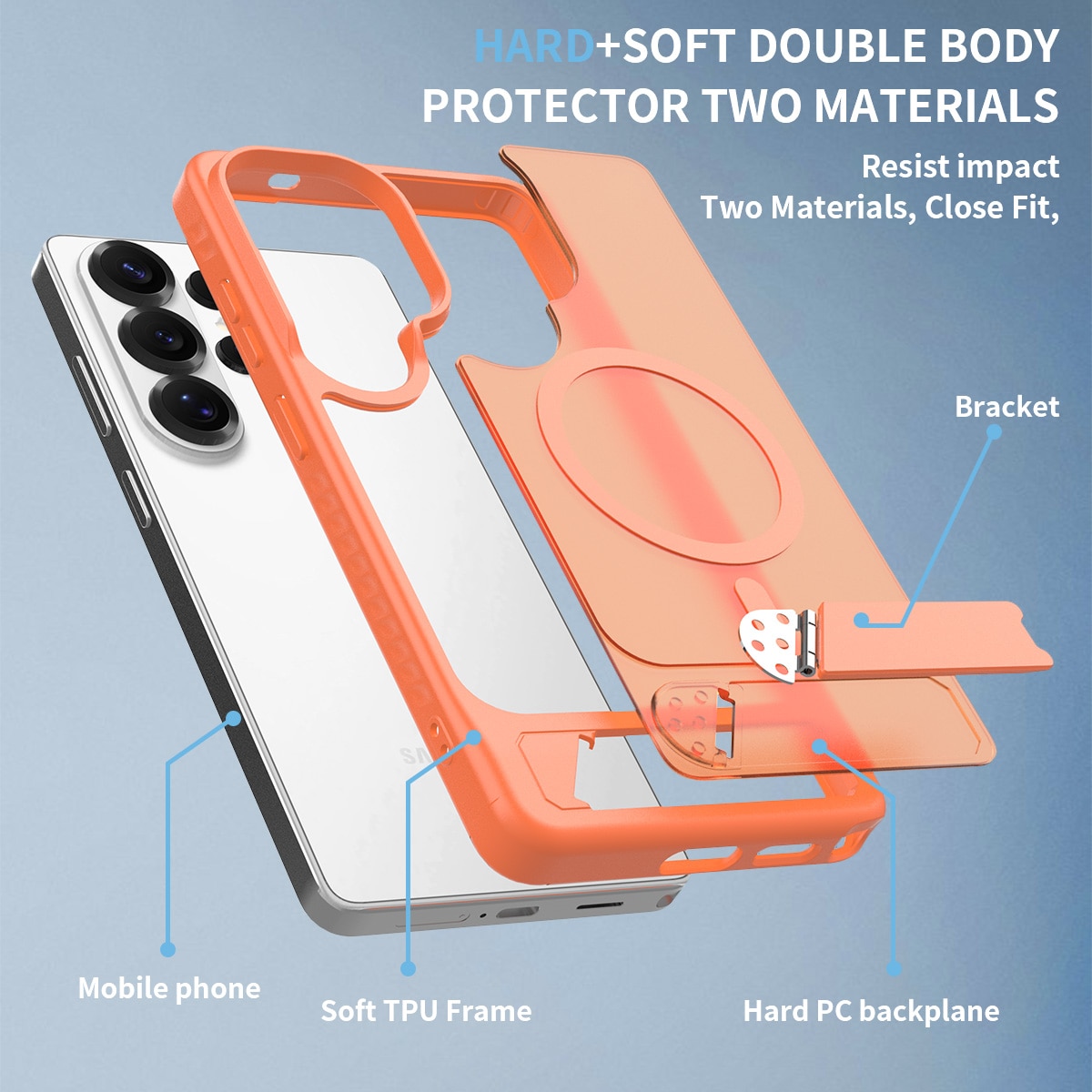 Husă de protecție pentru Samsung Galaxy S26 Ultra, suport ajustabil, Anti-Soc, Portocalie