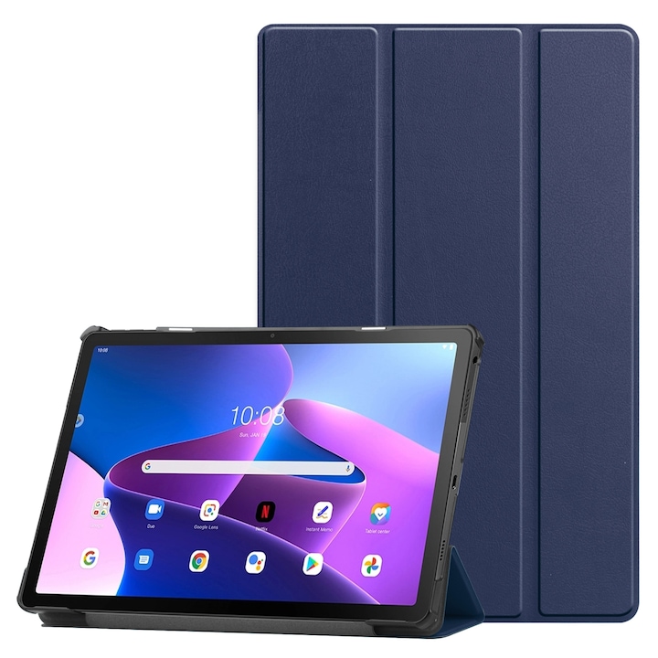 Husa tableta pentru Lenovo Qitian K10 Pro 5G, piele smart 3-pliere, capac magnetic, auto sleep/wake, acces complet la porturi, albastru inchis