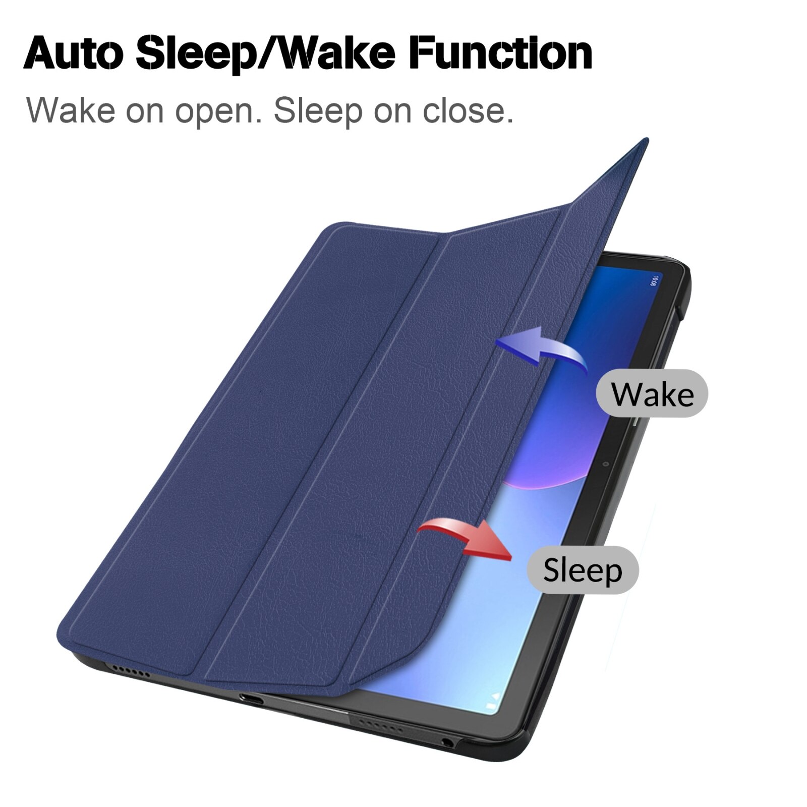 Husa tableta pentru Lenovo Qitian K10 Pro 5G, piele smart 3-pliere, capac magnetic, auto sleep/wake, acces complet la porturi, albastru inchis