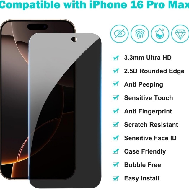 Set 3 folii protectie ecran/3 folii protectie camera, Sticla securizata, Compatibile cu iPhone 16 Pro Max, Privacy