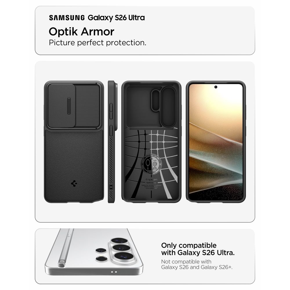Carcasa Spigen Optik Armor, hibrid TPU și policarbonat, negru, pentru Samsung Galaxy S26 Ultra, cu slider pentru obiectiv