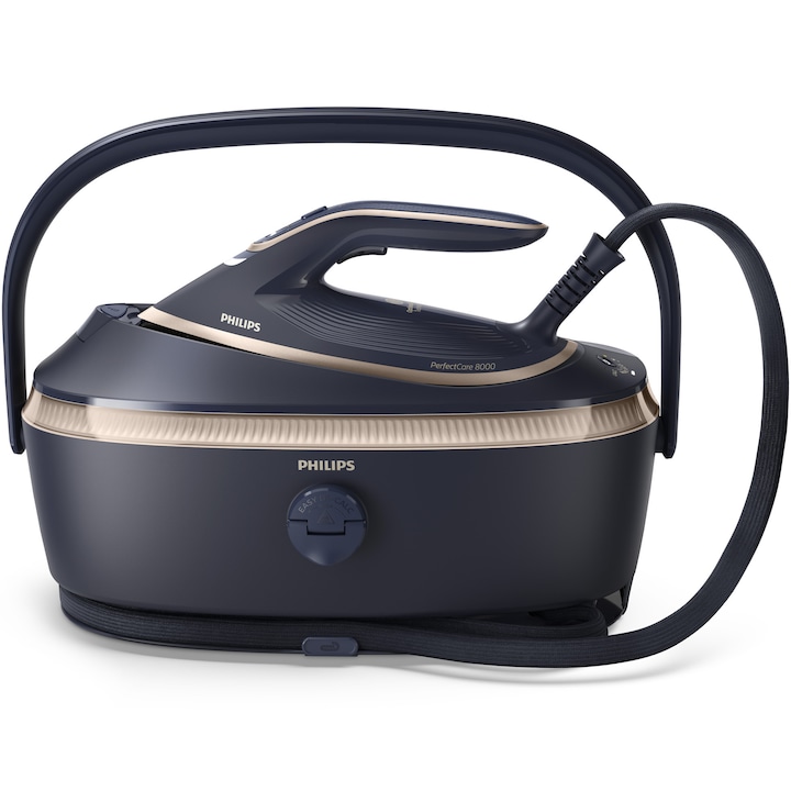 RESIGILAT: Statie de calcat cu abur Philips seria 8000 PSG8300/20, tehnologie OptimalTEMP, garantat fara arsuri, Abur max 210 g/min, jet de abur 850g, rezervor de 1.4 l, Talpa SteamGlide Elite, Mod ECO, Oprire automata de siguranta, albastru