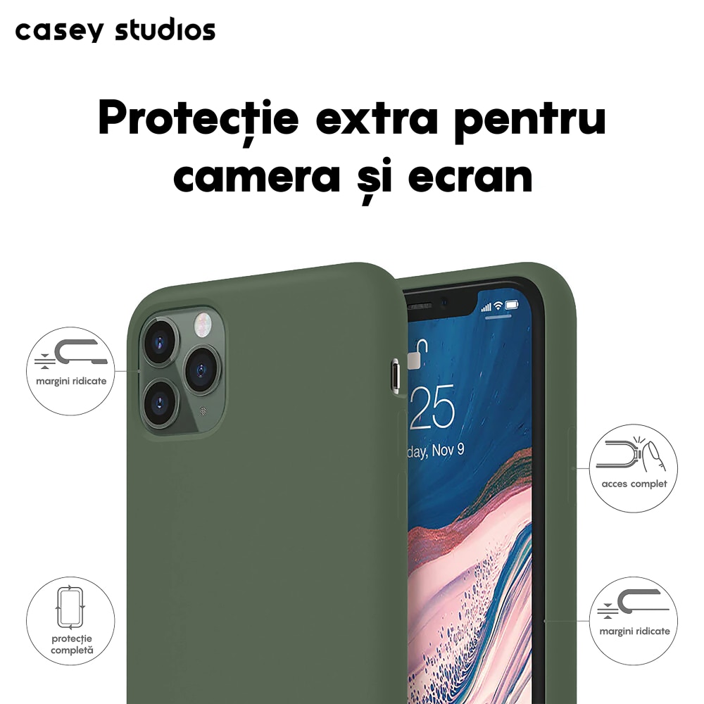 Husa CASEY STUDIOS™ pentru Apple iPhone 11 Pro, Soft Silicone Premium, Microfibra in Interior, Webster Green, de Protectie, Ultra Slim, pentru Incarcare Wireless, Margini Ridicate pentru Protectia Ecranului si a Camerelor
