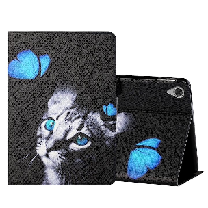 Husa tableta pentru Lenovo Tab M10 HD 2nd Gen TB-X306X, piele PU cu desene colorate, tip carte cu suport si sloturi card, functie sleep / wake-up (Fluture Pisica)
