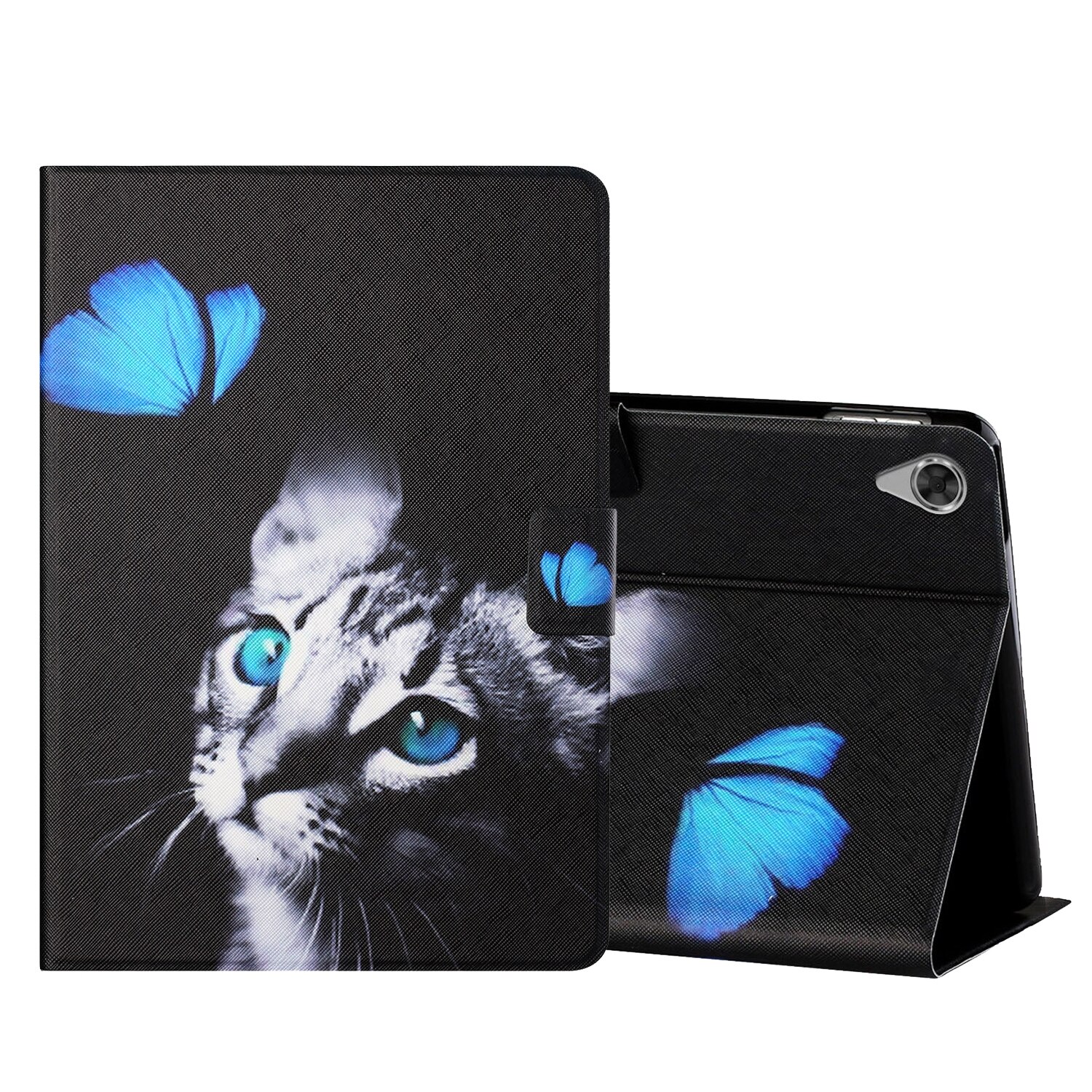 Husa tableta pentru Lenovo Tab M10 HD 2nd Gen TB-X306X, piele PU cu desene colorate, tip carte cu suport si sloturi card, functie sleep / wake-up (Fluture Pisica)