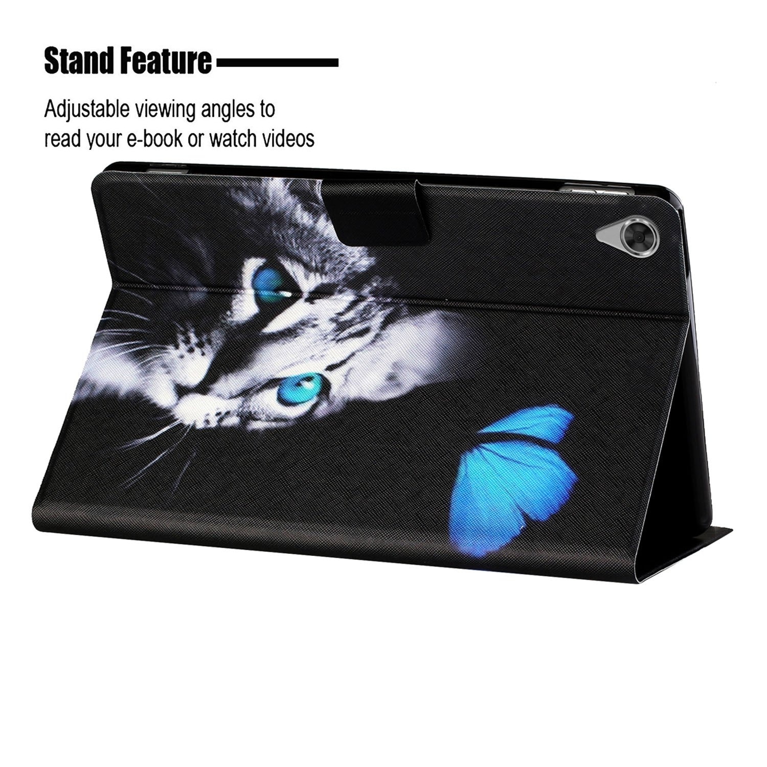 Husa tableta pentru Lenovo Tab M10 HD 2nd Gen TB-X306X, piele PU cu desene colorate, tip carte cu suport si sloturi card, functie sleep / wake-up (Fluture Pisica)